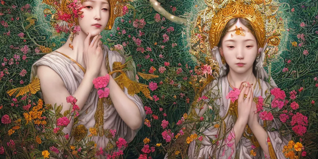 Prompt: breathtaking detailed concept art painting of the goddess Flora, orthodox saint, with anxious, piercing eyes, ornate background, amalgamation of leaves and flowers, by Hsiao-Ron Cheng, James jean, Miho Hirano, Hayao Miyazaki, HDR, extremely moody lighting, 8K