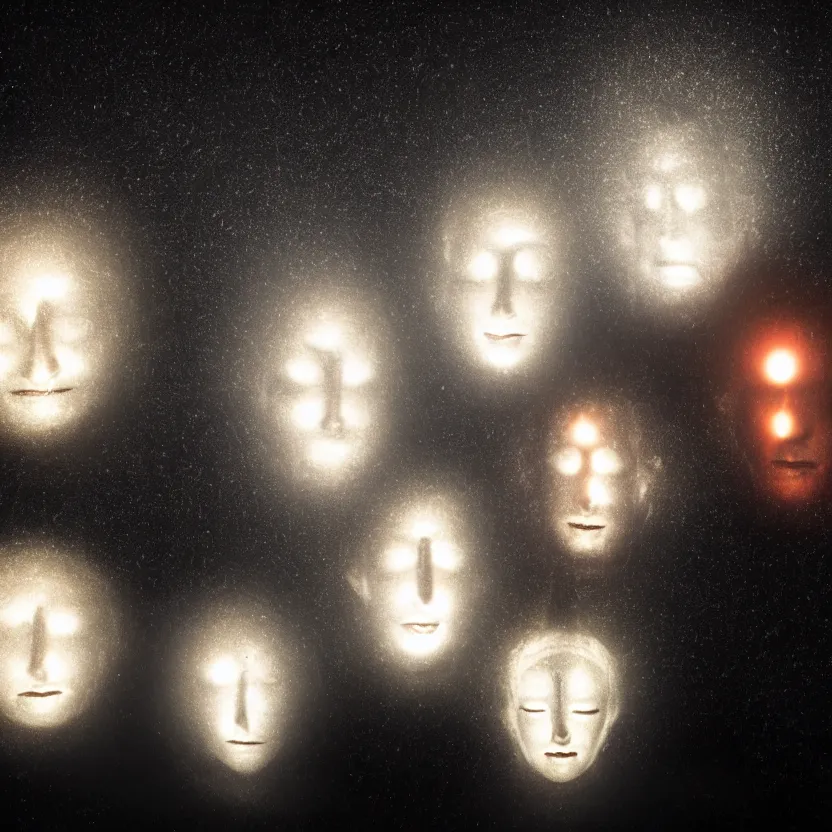 Image similar to 4 man illuminated faces with the eyes closed, in a dark room