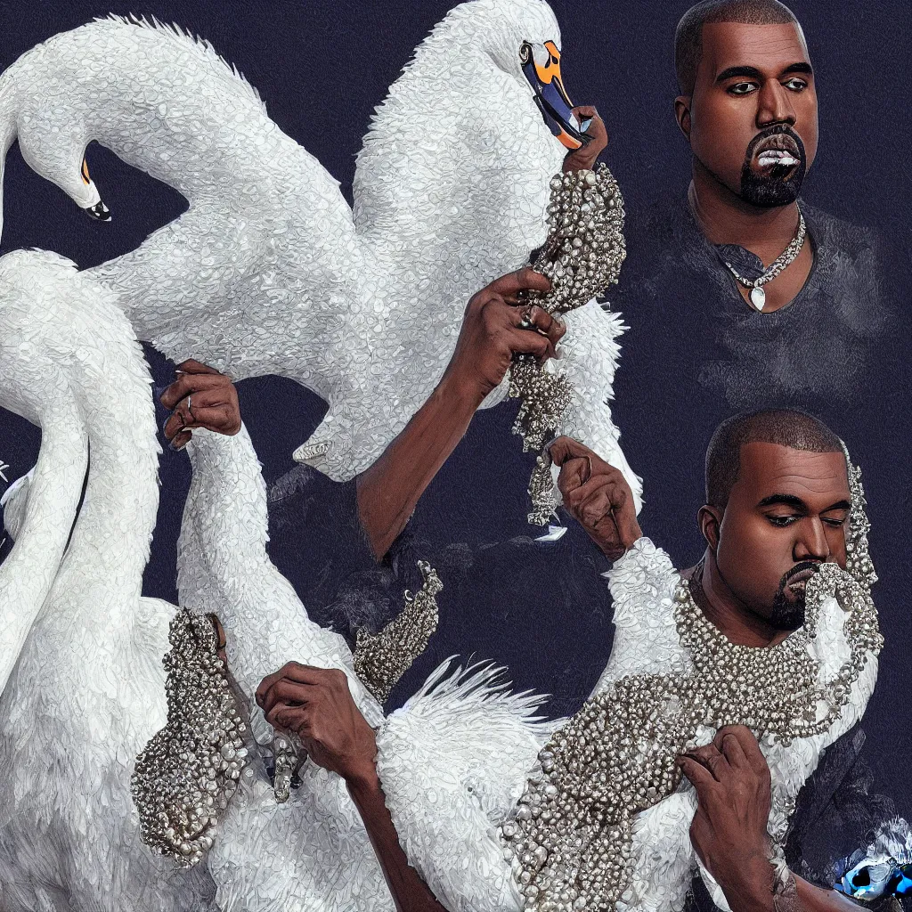 Prompt: kanye west with a decorated dress made of white pearls and white plumes of swan highly detailed digital _ painting