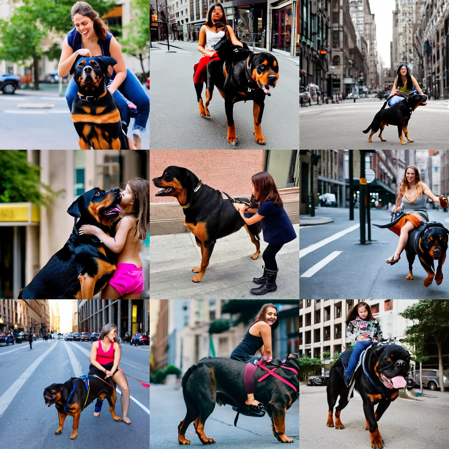 Prompt: girl riding rottweiler in the city