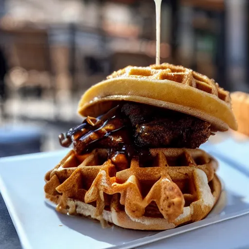 Image similar to photograph of a crispy Cajun fried chicken sandwich with Belgian Waffle Bun, maple syrup & hot fudge, ice cream on the side, 4K, HD