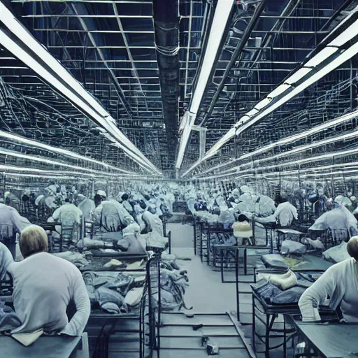 Prompt: evil monsters being mass - produced in surreal sweatshop under fluorescent dominion, floating in the air, advanced, photorealistic, realistic, dramatic lighting, fantastic reality, by michelangelo, 8 k resolution