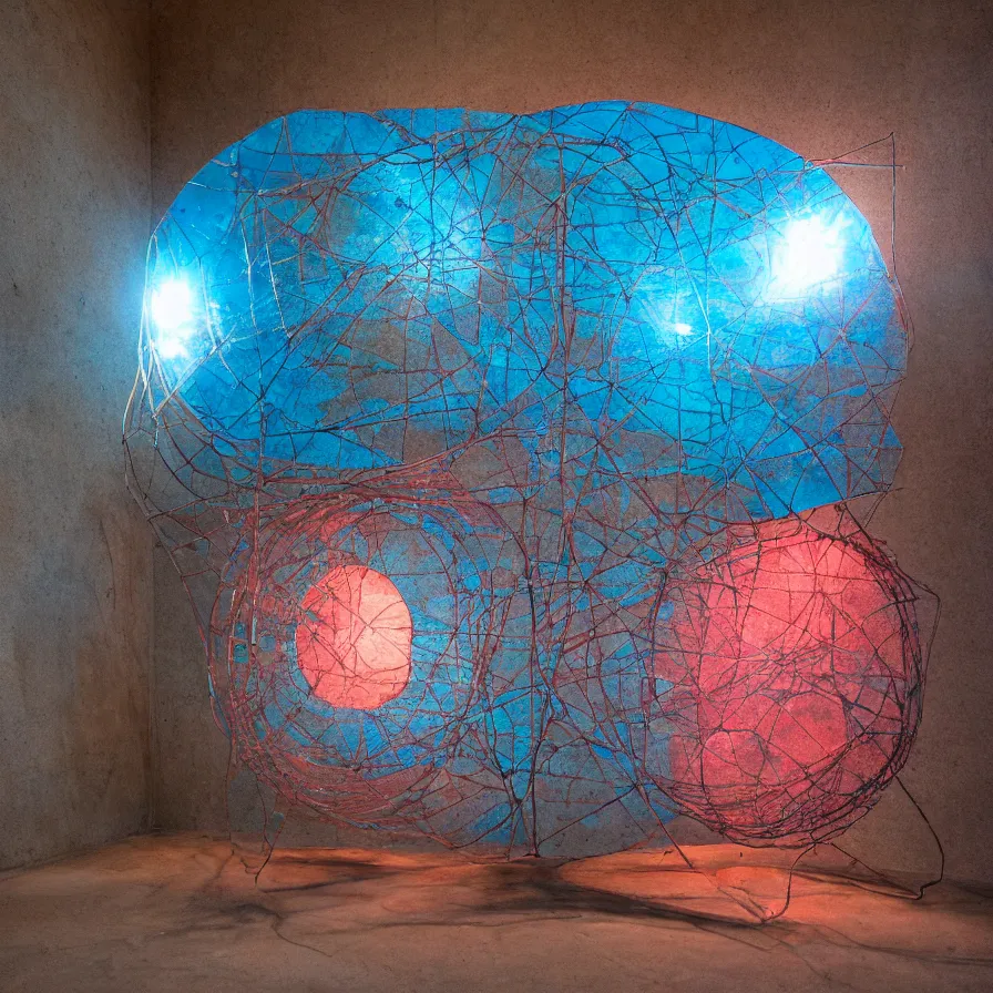 Image similar to hyperrealistic sculpture of a bronze ancient fossilized sea urchin mirror doorway with opalescent blue and iridescent red spraypaint in a plywood grid cage on a pedestal by ron mueck and duane hanson and lee bontecou, hyperrealistic dramatic colored lighting trending on artstation 8 k