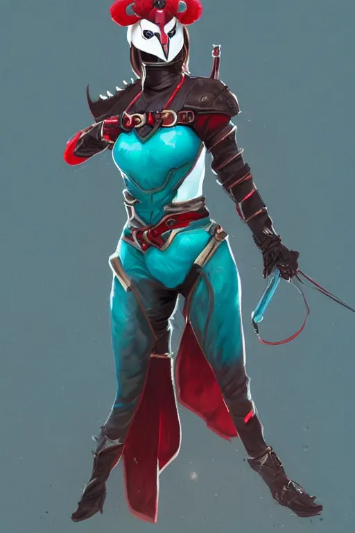 Image similar to female adventurer in tight full - body teal leather armor of japanese design with red accents and a white porcelain crow mask, trending in artstation, japanese, artstation, big moon in the background, establishing shot