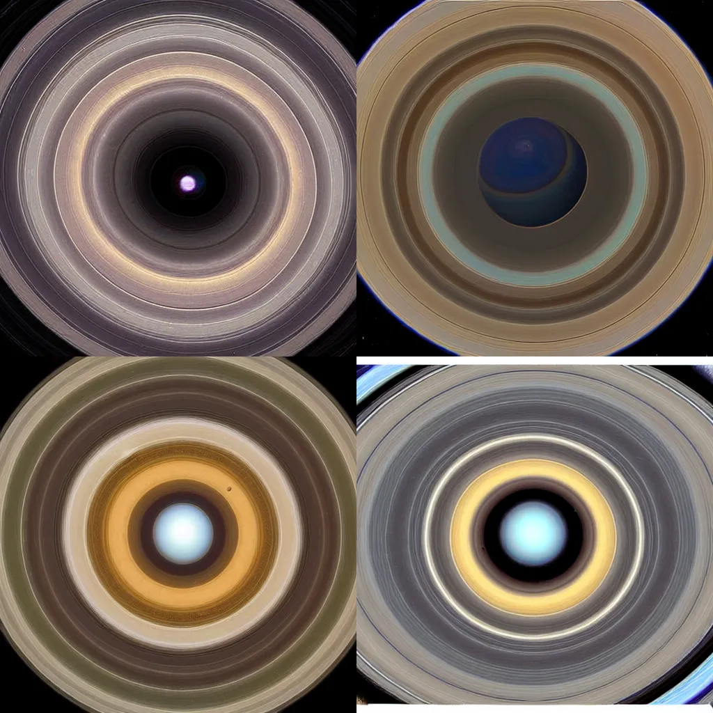 Prompt: The planet Saturn with four rings intersecting, Hubble photo