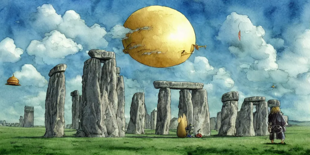 Image similar to a hyperrealist studio ghibli watercolor fantasy concept art of a giant chinese dragon and a small grey alien in stonehenge in the early morning. a giant gold ufo is floating in the air. by rebecca guay, michael kaluta, charles vess