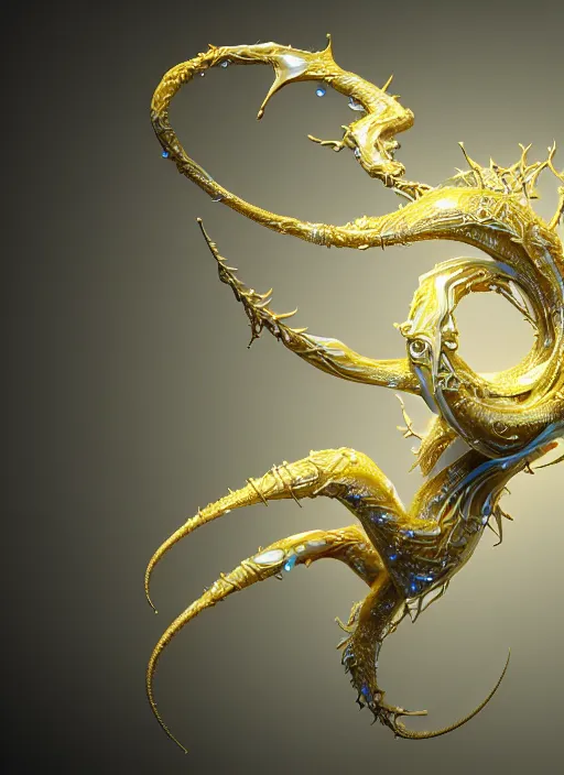 Image similar to abstract organic ornament in fluid creature, white and gold biomechanic plastic, glow lighting, fantasy, intricate, elegant, highly detailed, lifelike, photorealistic, octane render, 3d, concept art, smooth, sharp focus,