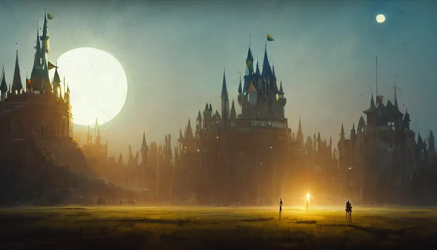Image similar to ismail inceoglu and jama jurabaev's concept art, cel shadows, film shooting, trends on artstation, high quality, brush strokes, bright colors, incomparably magnificent golden gothic castle palace complex, a huge golden eclipse halo. ghibli, ring of mecha, extremely beautiful, magnificent perspective lens