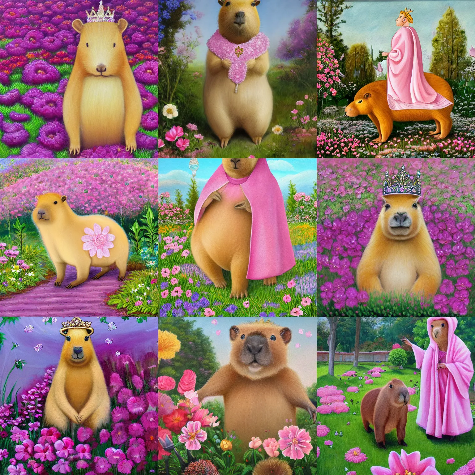 Prompt: anatomically correct capybara wearing a light pink cape and a crystal crown in a beautiful flower garden, highly detailed oil painting