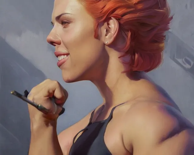 Prompt: greg manchess portrait painting of smiling scarlett johansson as beautiful thick female bodybuilder zarya from overwatch, medium shot, asymmetrical, profile picture, organic painting, sunny day, matte painting, bold shapes, hard edges, street art, trending on artstation, by huang guangjian and gil elvgren and sachin teng