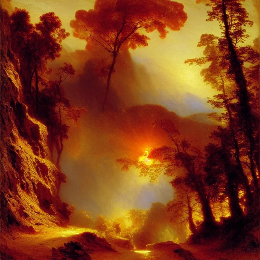 Prompt: a road that goes towards the sunrise, painted by thomas moran and albert bierstadt