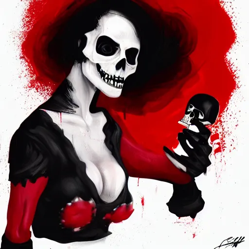 Prompt: Female death holding a red and black skull in one hand up to her face like hamlet, kodachrome, high contrast, highly detailed, sharp focus, digital painting, concept art, illustration, trending on artstation,