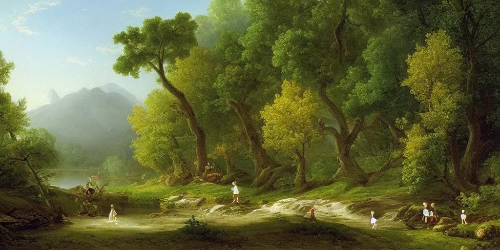 Prompt: fairies playing. by a calm, round forest lake. early morning mist. Oil painting. masterwork. by Asher Brown Durand.