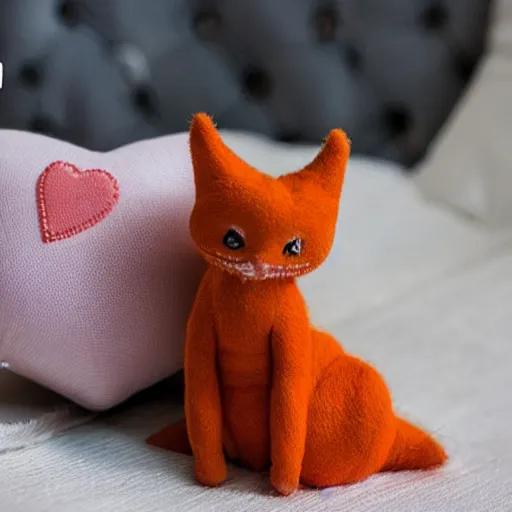 Image similar to A cute little orange kitten sits on a plush heart-shaped pillow with a pattern of flowers, cinematic lightning, medium shot, mid-shot, highly detailed, trending on Artstation, Unreal Engine 4k, cinematic wallpaper, Digital art, octane render, unreal engine, realistic. beautiful lighting, sharp, details, hyper-detailed, HD, HDR, 4K, 8K, masterpiece, bokeh