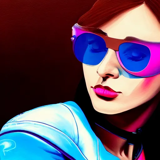 Image similar to closeup painting of a very beautiful young mexican cyberpunk woman with a smirk, light blue retro shades, and a purple coloured leather jacket, one side haircut, long brown hair with light blue ends, portrait, sci - fi, hyperdetailed, artstation, cgsociety, synthwave by tangerine dream, by jean - michel jarre, by vangelis, by john carpenter