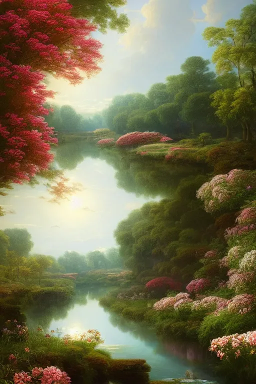 Image similar to a beautiful digital illustration painting river among the flowers by benoit b. mandelbrot, steven belledin, martin johnson heade, lee madgwick, caspar david friedrich, and david rios ferreira. 8 k resolution trending on artstation concept art digital illustration