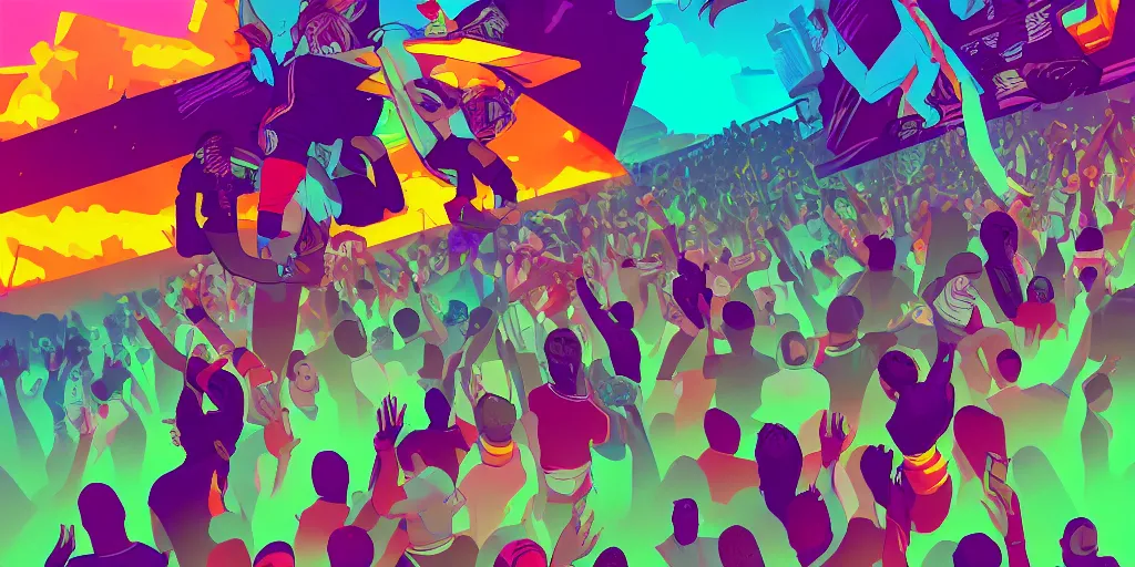 Prompt: rapper leaning over huge crowd reaching up to him, digital art, vapor wave, hip hop, colorful, trending on Artstation, professional artist, detailed, 4k