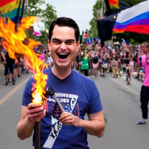 Prompt: Ben Shapiro with a flame thrower shooting it at a pride parade while laughing