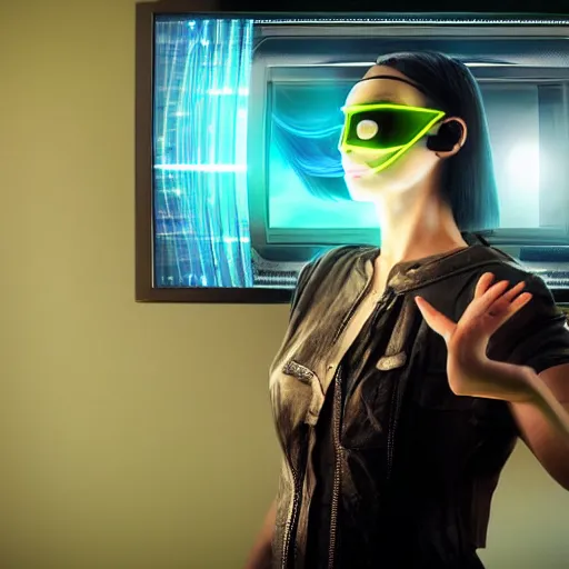 Prompt: a cyberpunk woman wearing a TV as a mask