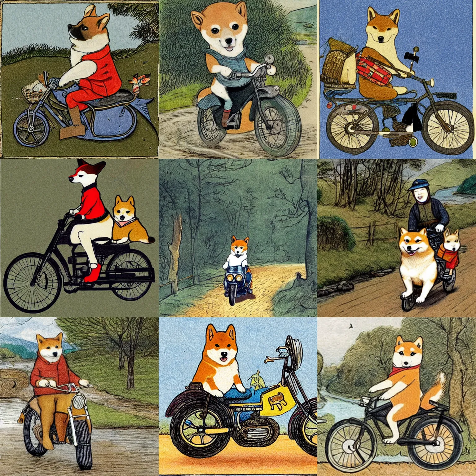 Prompt: A Shiba Inu riding a motorbike on a path alongside a river, illustrated by Beatrix Potter