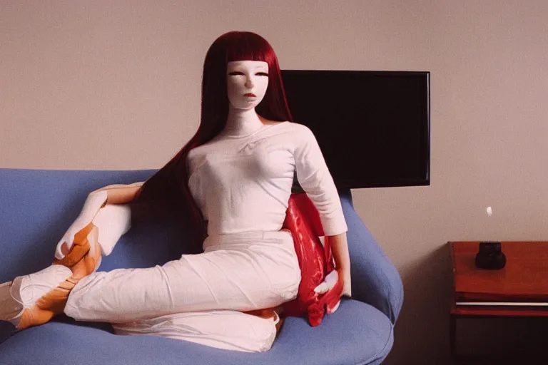 Image similar to an extremely realistic life-sized pill bottle with a human face made of porcelain, anime model sitting on a deep blue couch, from 1985, bathed in the glow of a television, low-light photograph