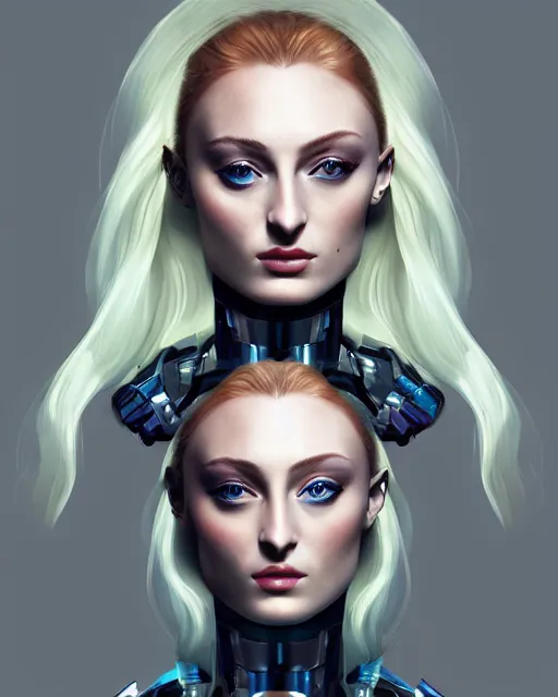 Prompt: Sophie Turner as a cyborg mecha queen, face portrait by Ross Tran and Angel Ganev and Salvador Dali, highly detailed, trending on artstationhq