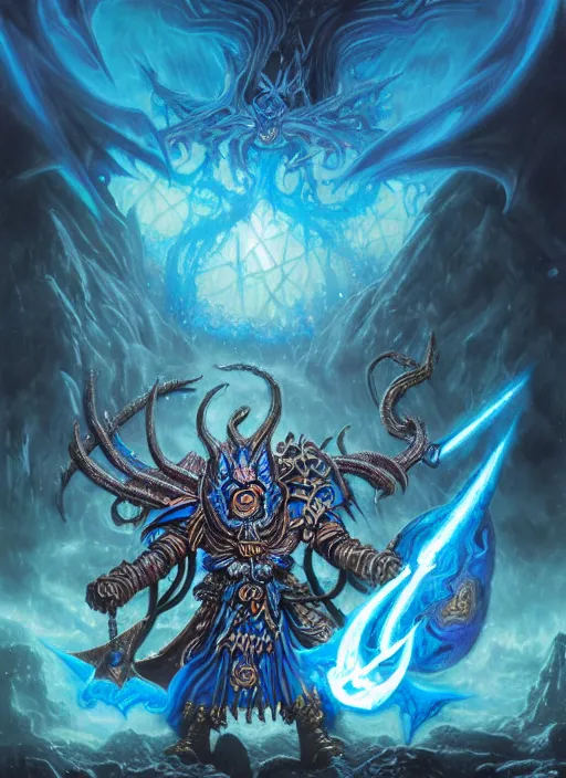 Prompt: wide shot of a wizard of tzeentch, evil warp energy, warp lightning, blue runes, intricate, warhammer, warhammer 4 0 k, highly detailed, digital painting, concept art, sharp focus, illustration, psychedelic, grim dark, moody, gloomy, art by john blanche, by pedro nunez, by jaime martinez, by nacho molina