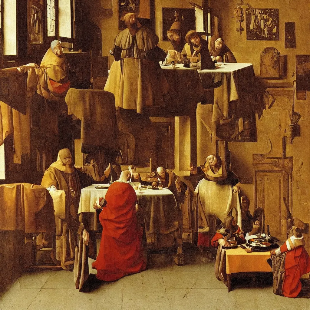 Image similar to Noble lunch. They dined in a large, richly furnished room. There were a lot of food on the table. Medieval painting by Jan van Eyck, Johannes Vermeer, Florence,