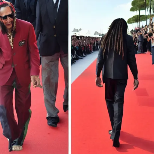 Image similar to bob Marley wearing Gucci outfit and walking on Canne festival red carpet