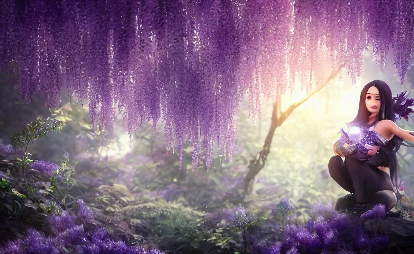 Prompt: beautiful Himalayan woman with purple cat-eyes, silver hair and black hair split, glowing crystals on the ground, somber, scene of a summer forest with glowing blue wisteria , 8k hdr pixiv dslr photo by Makoto Shinkai and Wojtek Fus