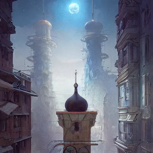 Image similar to It’s dreamy on the streets of Russian panel houses quarters on the Moon city, Norilsk, sci-fi, fantasy, intricate, very very beautiful, elegant, highly detailed composition, digital painting, artstation, concept art, smooth, sharp focus, illustration, art by artgerm and greg rutkowski and alphonse mucha