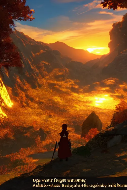 Image similar to fiery autumn twilight with the sun very close to the edge of the mountain, open - world aaa game, isekai fantasy light novel, screenshot