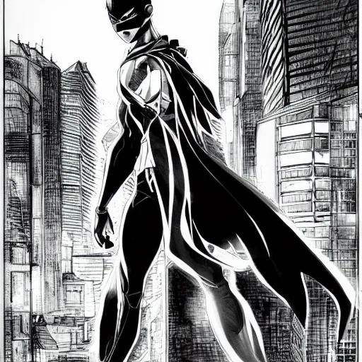 Image similar to Manga illustration of masked super hero, full body and head portrait by Tetsuo Hara. Depth of field, zoom out 35mm camera, awesome cityscape in the background, highly detailed concept art, detailed pencil art by Kengo Hanazawa