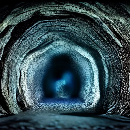 Image similar to a tunnel made of xenomorph bones, dark blue light coming from the end of the tunnel, photorealistic detailed