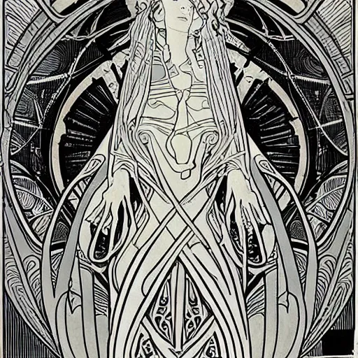 Prompt: a scifi line art pattern by alphonse mucha