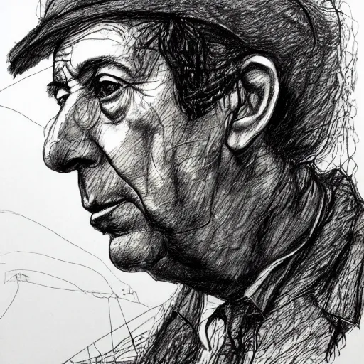 Image similar to a realistic yet scraggly portrait sketch of the side profile of a stern and sophisticated leonard cohen, trending on artstation, intricate details, in the style of frank auerbach, in the style of sergio aragones, in the style of martin ansin, in the style of david aja, in the style of mattias adolfsson