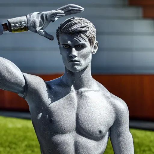 Image similar to a realistic detailed photo of a guy who is an attractive humanoid who is half robot and half humanoid, who is a male android, soccer player martin ødegaard, shiny skin, posing like a statue, blank stare, by the pool, on display, showing off his muscles, humanoid robot, frozen ice statue