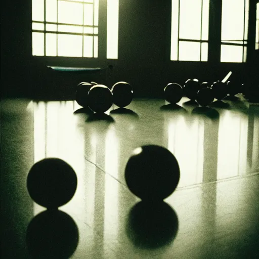 Image similar to a spherical reflective chess piece in a vast empty room, shadow and lens flare, 35mm film, courtesy of Centre Pompidou