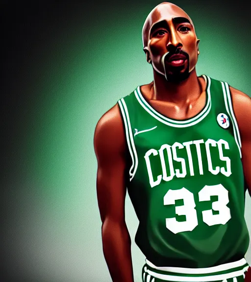 Image similar to portrait of tupac shakur, boston celtics jersey number 3 4, green, white, cartoon digital art, oil on canvas, trending on artstation, octane render