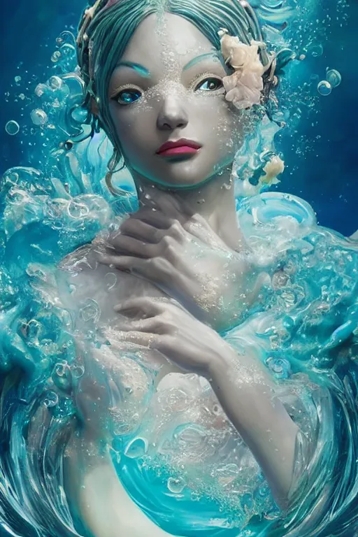 Image similar to epic 3 d yemaya, caring goddess, liquid hands and feet spinning, 2 0 mm, with cerulean and white ocean water waves, melting smoothly into asymmetrical bubbles and flowers, liquid, delicate, intricate, houdini sidefx, trending on artstation, by jeremy mann and ilya kuvshinov, jamie hewlett and ayami kojima