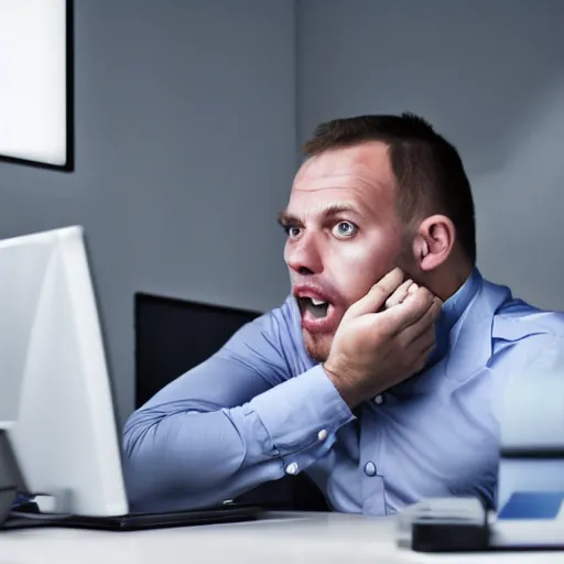 Image similar to A photo of a scared man in front of a computer, realistic, stock photo