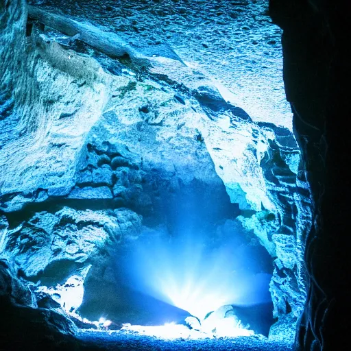 Prompt: a photograph from inside a cave looking outside, blue lighting,