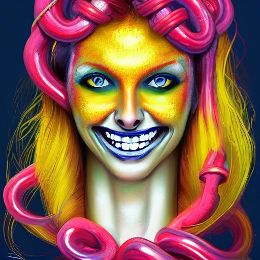 Prompt: medusa portrait painting, vibrtant, colorful, wicked grin, yellow cat eyes, artstation, detailed, blurred background