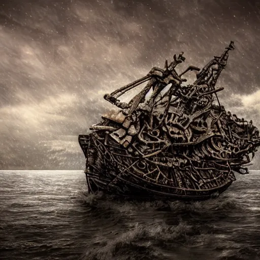 Prompt: a ship made of bones during thunderstorm, digital art, award winning, 4k