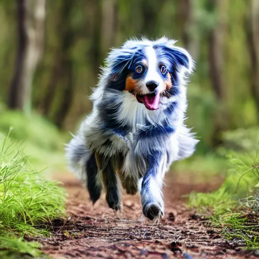 Image similar to blue Merle australian Shepard running through a forest, photography, hyper realistic