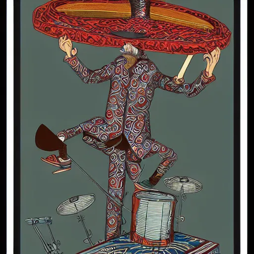 Prompt: A drummer wearing a fez by Android Jones and M. C. Escher collaboration