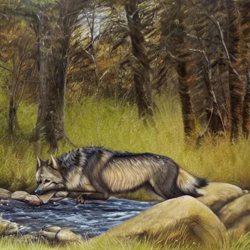 Image similar to A majestic and beautiful wild wolf out by a river with its head down taking a drink from the stream while it's ears are up and alert listening for danger with trees behind it, set in warm spring where it is sunny and windy, award winning, oil painting, 8k