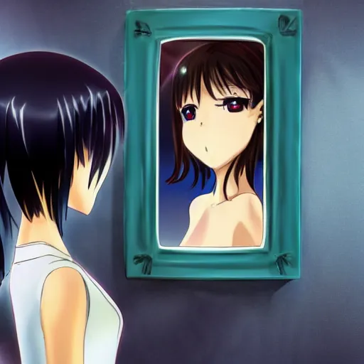 Image similar to an anime girl looking at a mirror