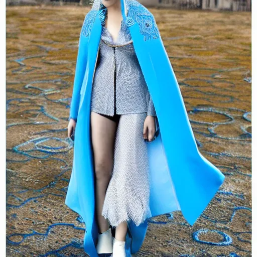 Image similar to fashion 2 0 5 0 fantastic openwork long coat with intricate pattern on a beautiful symmetrical girl with blue hair, hyper realistic photos