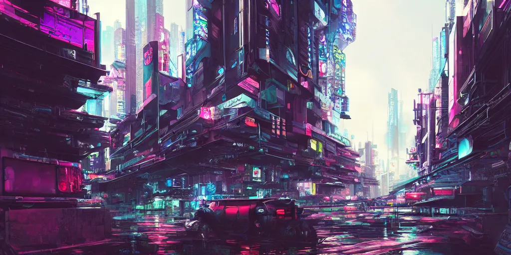 Image similar to beautiful japanese cyberpunk futuristic landscape painting, 3 d hyperrealistic render, cmyk, by tuomas korpi, dan mumford, trending on artstation